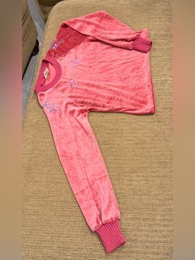 Vintage Pink Velvet Floral Embroidered Sweatshirt Skirt Set